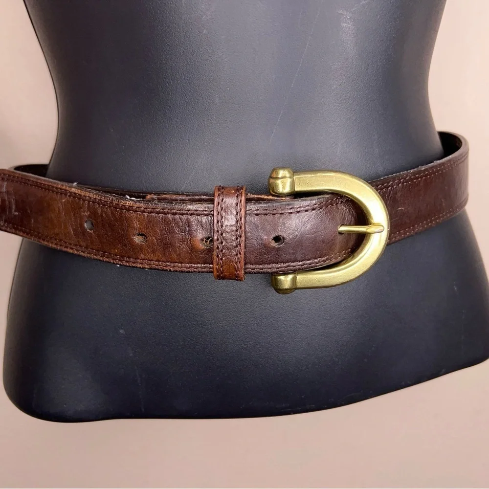 Y2K Vintage Fossil Medium Mens Brown Leather Belt Brass Buckle Classic